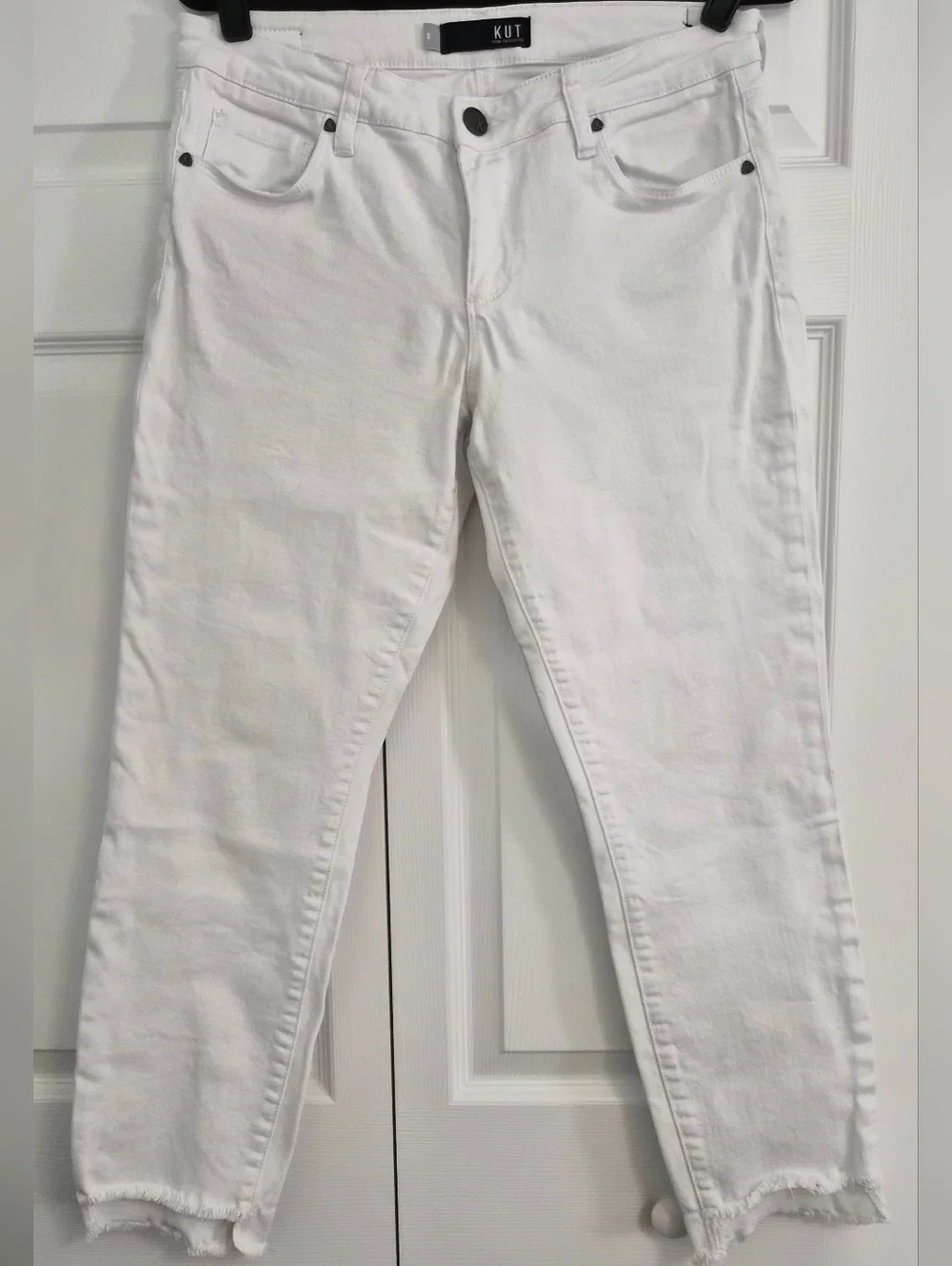 KUT Reese White Jeans 8 Raw Hem Ankle Straight High Rise Summer